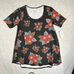 LuLaRoe Perfect T Shirt Medium Black Red Floral Short Sleeve Swing Top NWT